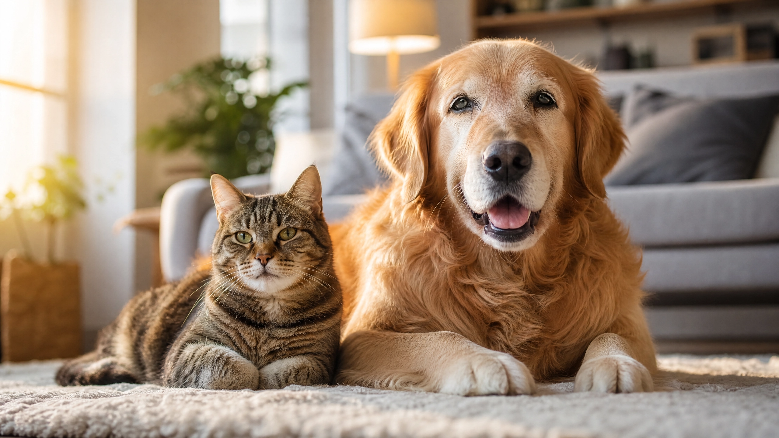 Happy senior dog and cat in a warm living room